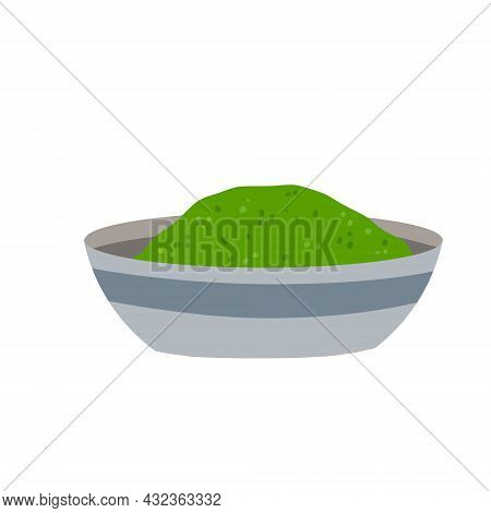 Chlorella. Green Algae Powder. Organic Diet And Super Food. Flat Cartoon Illustration Isolated On Wh
