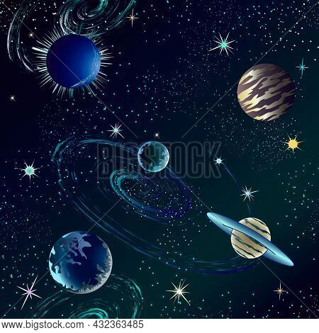 Colored Pattern With A Cosmic Galaxy.stars, Planets And Galaxies In A Seamless Pattern On A Colored 