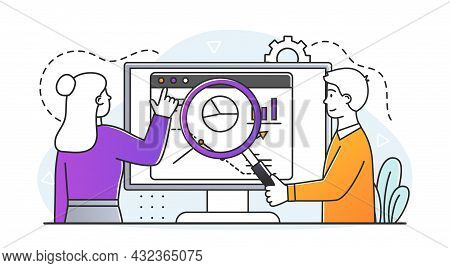 Analist With Loupe. Man With Magnifying Glass Looks At Documents And Reports. Employees Check Report