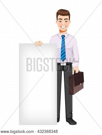 Handsome Business Man Standing Near Blank Placard. Young Businessman Cartoon Character. Stock Vector