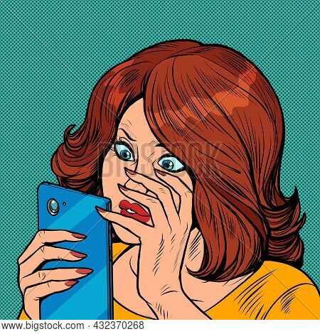 Shocked Woman And Smartphone. Surprise Human Emotion. A Girl Reads A Message In A Smartphone