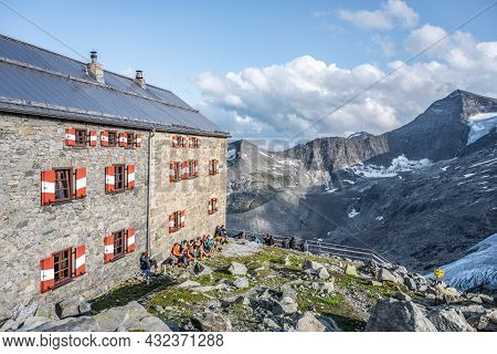 Matrei In Osttirol, Austria - August 21, 2021: New Prague Hut, German: Neuer Prager Hutte. Mountain 