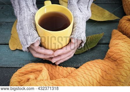 Hands In Grey Knitted Sweater Holding A Yellow Cup Of Tea Among Fall Keaves, Autumn Concept