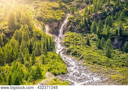 Wild Alpine Waterfall On Schlatenbach Mountain Stream. Gschloesstal Valley, Hohe Tauern National Par