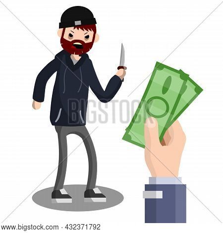 Man With Baseball Bat Is Extorting Money. Hand Holding Green Cash. Problem Of Urban Security. Thief 