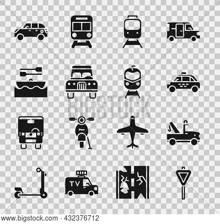 Set Road Traffic Signpost, Tow Truck, Taxi Car, Train And Railway, Car, Boat With Oars, Hatchback An