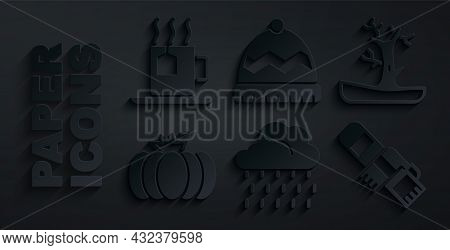Set Cloud With Rain, Bare Tree, Pumpkin, Winter Scarf, Hat And Cup Of Tea Tea Bag Icon. Vector