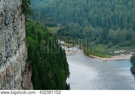 Mountain River Among Wooded Banks, View From The Top Of The Cliff, Usva River In The Middle Urals, R