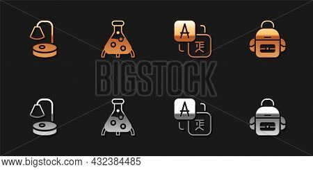 Set Table Lamp, Test Tube And Flask, Translator And School Backpack Icon. Vector