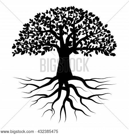 Black Tree With Roots. White Background. Icon For Decorative Design. Nature Art. Vector Illustration
