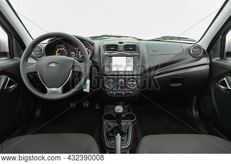 Novosibirsk, Russia - July 19, 2021: Lada Granta , Steering Wheel, Shift Lever And Dashboard, Climat