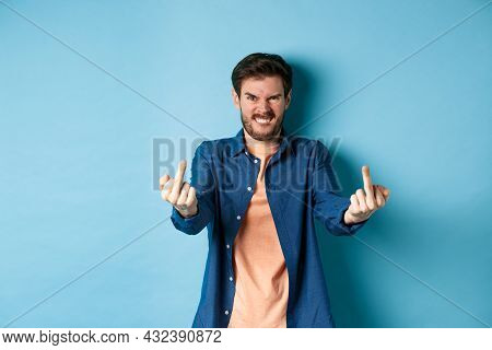 Angry Caucasian Man Say Fuck You And Showing Middle Fingers, Make Rude Gesture With Pissed-off Face,