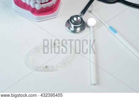 Invisalign Braces And Tools For Dental Care, Dental Healthcare And Orthodontic Concept.