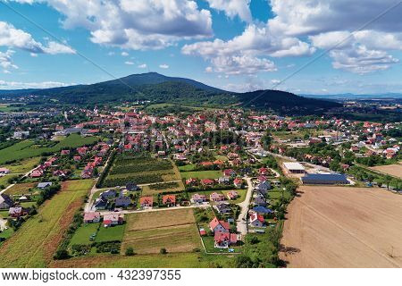 Mountain Village With Forests, Bird Eye View. Sleza Mountain Landscape Near Wroclaw In Poland. Natur
