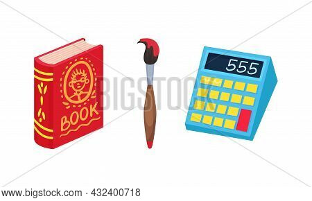 Book In Hard Cover And Paint Brush As Back To School Symbol And Stationery Object Vector Set