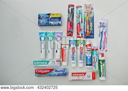 Kyiv, Ukraine - September,9 2021: Toothpastes And Brushes
