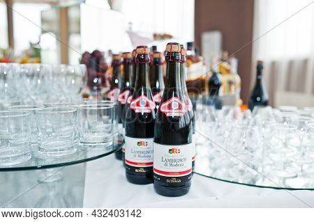 Kyiv, Ukraine - September,9 2021: Lambrusco Di Modena Alcohol Beverages On Buffet Table.