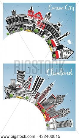 Cleveland Ohio and Carson City Nevada City Skyline Set with Color Buildings, Blue Sky and Copy Space. Business Travel and Tourism Concept with Modern Architecture.
