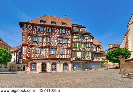 Mosbach, Germany - June 2021: Old Town Center With Historic Timber-framed Houses Called 