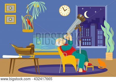 Old Man Character Sitting Comfortable Chair Watch To Space Telescope, Male Oldster Hobby Sky Observa