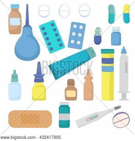 Medical Pharmacy Drug Icon Set, Medicine Home First Aid Kit Thermometer, Medicament And Bandage Flat