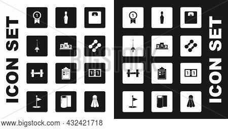 Set Bathroom Scales, Award Over Sports Winner Podium, Fencing, Medal, Dumbbell, Bowling Pin, Sport M