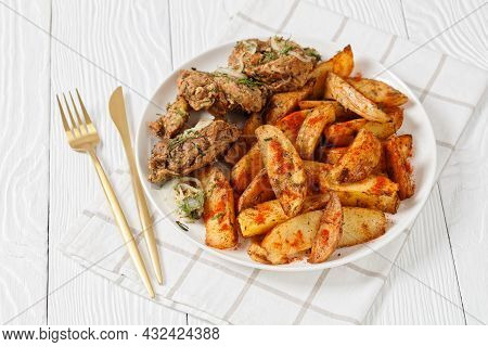 Grilled Pork Shoulder Steaks With Roasted Potato Wedges Seasoning With Paprika And Dill On A White P