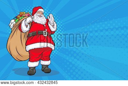 Santa Claus Standind With Gift Bag Pop Art Comic Style