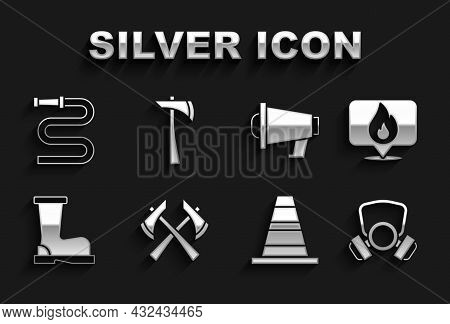 Set Firefighter Axe, Location With Fire Flame, Gas Mask, Traffic Cone, Boots, Megaphone, Hose Reel A