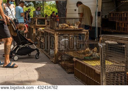 Sineu, Spain; September 08 2021: Weekly Street Market Of Food, Crafts And Animals In The Mallorcan T