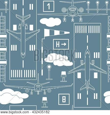 Seamless Vector Pattern With Passenger Airplanes On The Runway Strip On Gray Background. Can Be Used