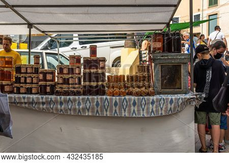 Sineu, Spain; September 08 2021: Weekly Street Market Of Food, Crafts And Animals In The Mallorcan T