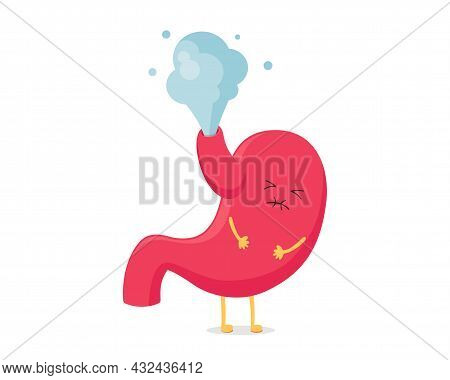 Cute Cartoon Stomach Character Fart. Digestive System Bloating. Vector Organ Mascot Unhealthy Sick E