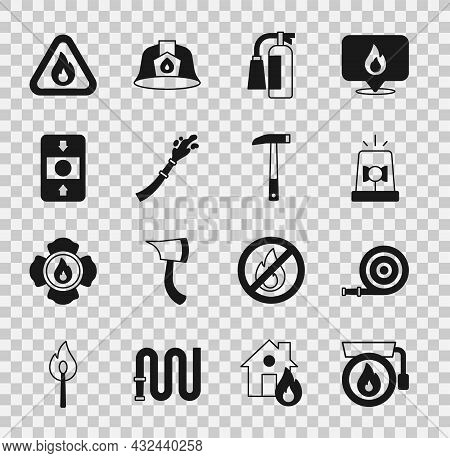 Set Ringing Alarm Bell, Fire Hose Reel, Flasher Siren, Extinguisher, System, Flame Triangle And Fire