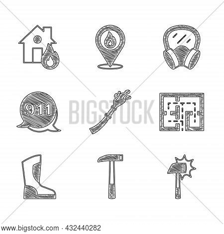 Set Fire Hose Reel, Firefighter Axe, Evacuation Plan, Boots, Emergency Call 911, Gas Mask And In Bur