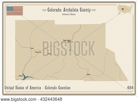 Map On An Old Playing Card Of Archuleta County In Colorado, Usa.