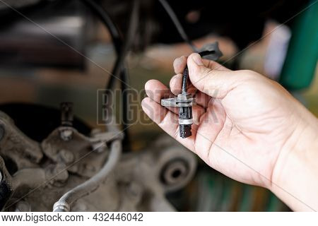 Close Up Abs Brake Sensor Of Car Wheel Check For Abnormalities To Ensure The Safety Of The Brakes Se