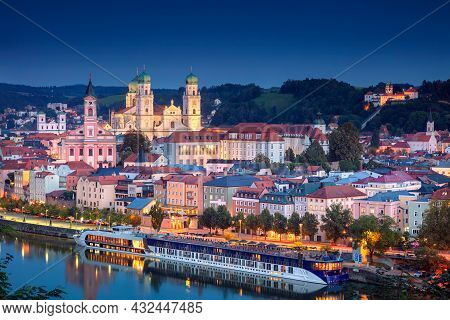 Passau Skyline, Germany. Aerial Cityscape Image Of Passau Skyline, Bavaria, Germany At Twilight Blue