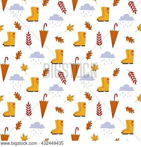 Seamless Pattern With Umbrella, Rubber Boots, Leaves And Rain Drops. Vector Pattern.