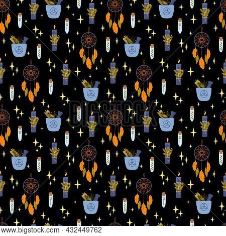 Vector Seamless Pattern With Magic Items. Witchcraft Texture For Web Page Background, Wrapping Paper