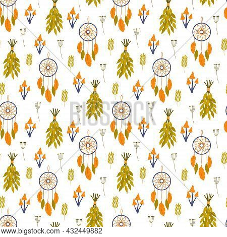 Vector Seamless Pattern With Magic Items. Witchcraft Texture For Web Page Background, Wrapping Paper