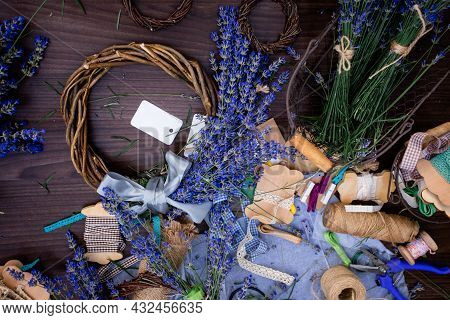 Handmade Wreath With Lavender Flowers, Top View