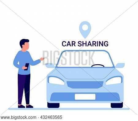 Car Sharing Service, Rent, Lease Auto. Man With Smartphone Standing Near Car. Mobile App For Share D