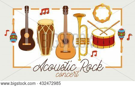 Acoustic Music Instruments Poster Vector Flat Illustration Isolated On White, Rock Ballads Concert O