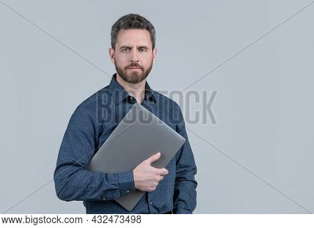 Virtually Connected. Unshaven Man Hold Laptop. Online Courses. Online Ccommunication