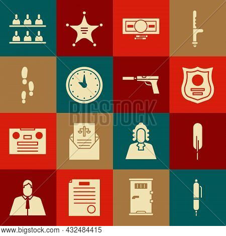 Set Pen, Feather Pen, Police Badge, Stacks Paper Money Cash, Clock, Footsteps, Jurors And Pistol Gun