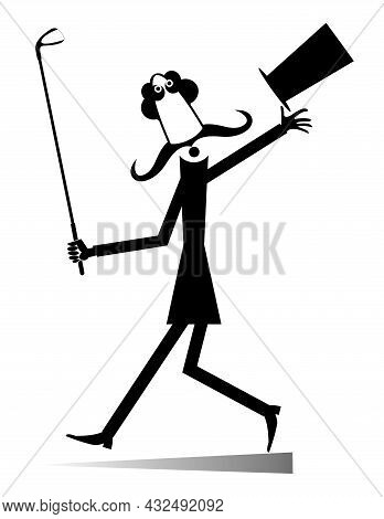 Long Mustache Man In The Top Hat Goes To Play Golf Isolated Illustration. 
Walking Cartoon Long Must