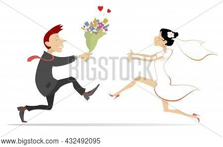 Cartoon Married Wedding Couple Illustration.
Heart Symbol. Happy Man With Bunch Of Flowers And Woman