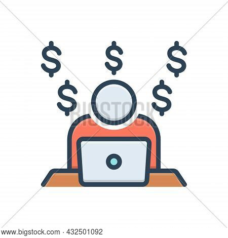 Color Illustration Icon For Making-money Laptop Currency Money Making Work Person Man-hour Facilitat