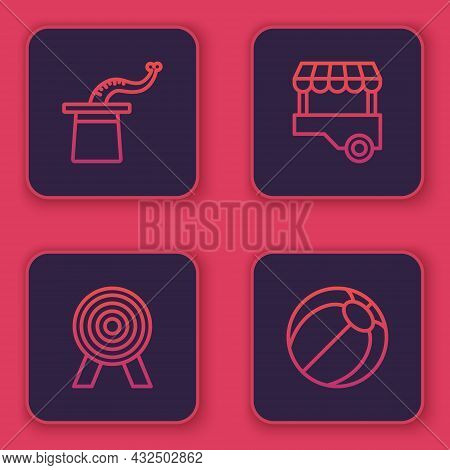 Set Line Magician Hat, Target, Fast Street Food Cart And Beach Ball. Blue Square Button. Vector